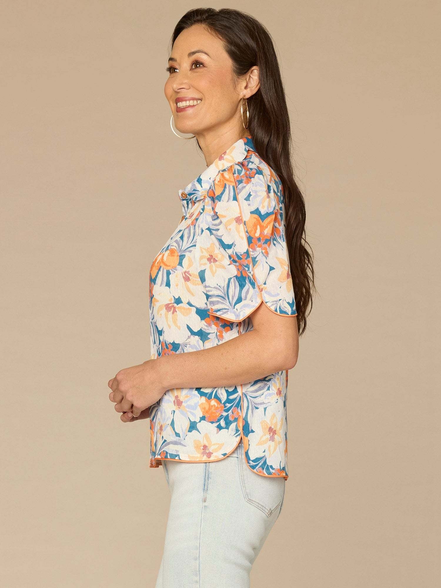 Democracy Periwinkle Multi Printed Button-Down Top with Scallop Collar