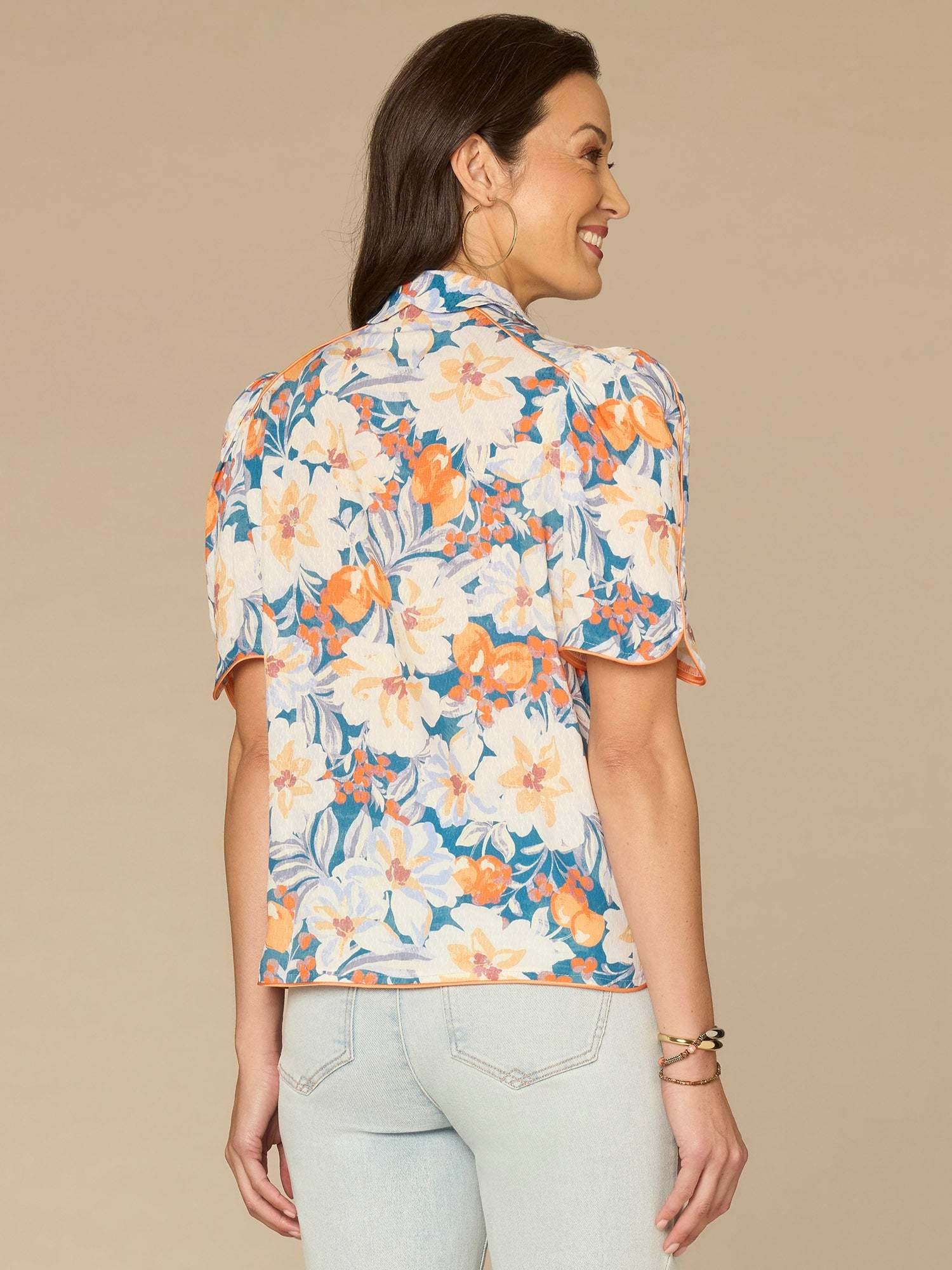 Democracy Periwinkle Multi Printed Button-Down Top with Scallop Collar