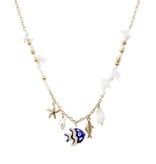 FLEURISH Gold Beaded and White with Fish and Sealife Charms 16"-18" Necklace