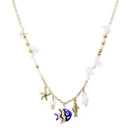 FLEURISH Gold Beaded and White with Fish and Sealife Charms 16"-18" Necklace