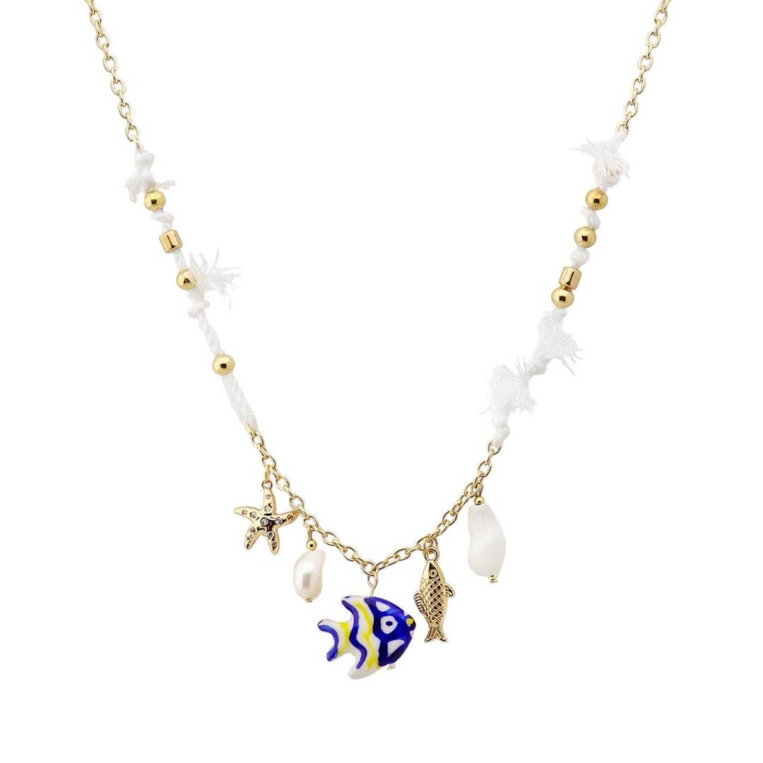 FLEURISH Gold Beaded and White with Fish and Sealife Charms 16"-18" Necklace
