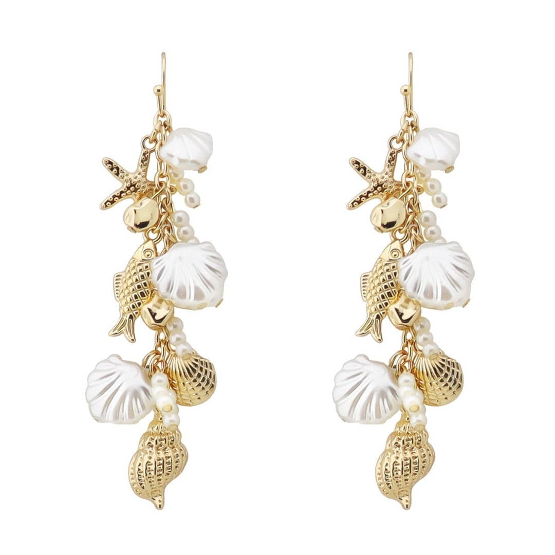FLEURISH Gold Sealife and Pearl Charm 2" Earrings