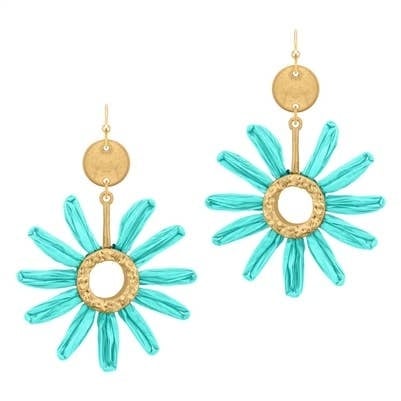 FLEURISH Mint Raffia Flower and Gold 2" Earrings