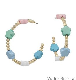FLEURISH Water Resistant Gold Beaded Hoop with Multi Flower Accent 2" Earrings