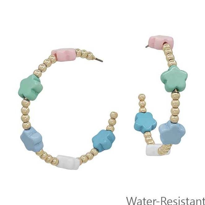 FLEURISH Water Resistant Gold Beaded Hoop with Multi Flower Accent 2" Earrings