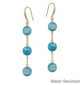 FLEURISH Water Resistant Triple Drop Blue Candy Beaded and Gold 1.75" Earring