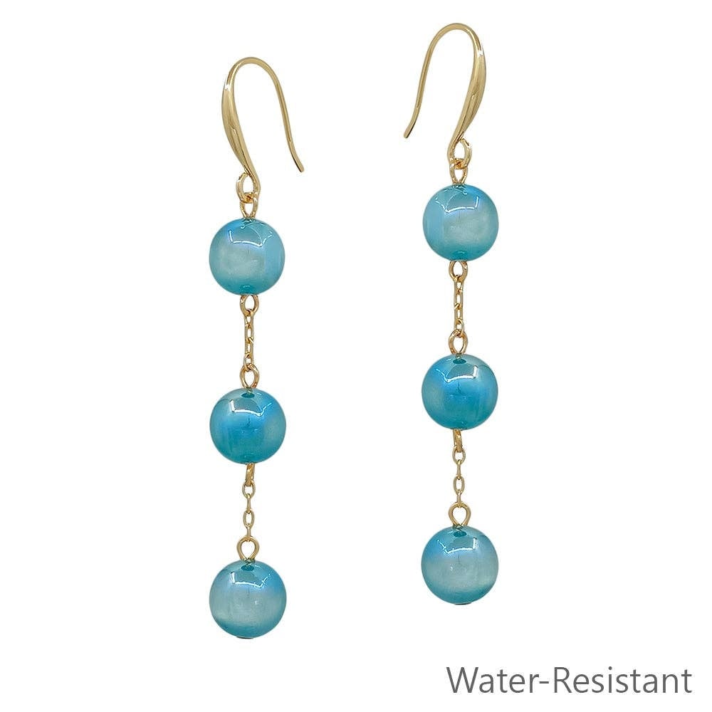 FLEURISH Water Resistant Triple Drop Blue Candy Beaded and Gold 1.75" Earring