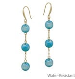 FLEURISH Water Resistant Triple Drop Blue Candy Beaded and Gold 1.75" Earring