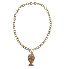 FLEURISH Worn Gold Open Circle 18" Chain with Hammered Fish Charm