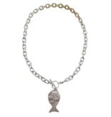 FLEURISH Worn Silver Open Circle 18" Chain with Hammered Fish Charm