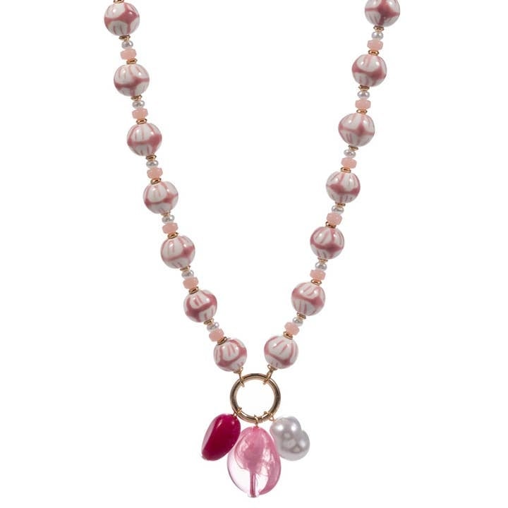 Lou & Co. Pink Resin, Ceramic and Pearl Beaded Necklace With Charms