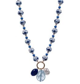 Lou & Co. Blue Resin, Ceramic and Pearl Beaded Necklace With Charms
