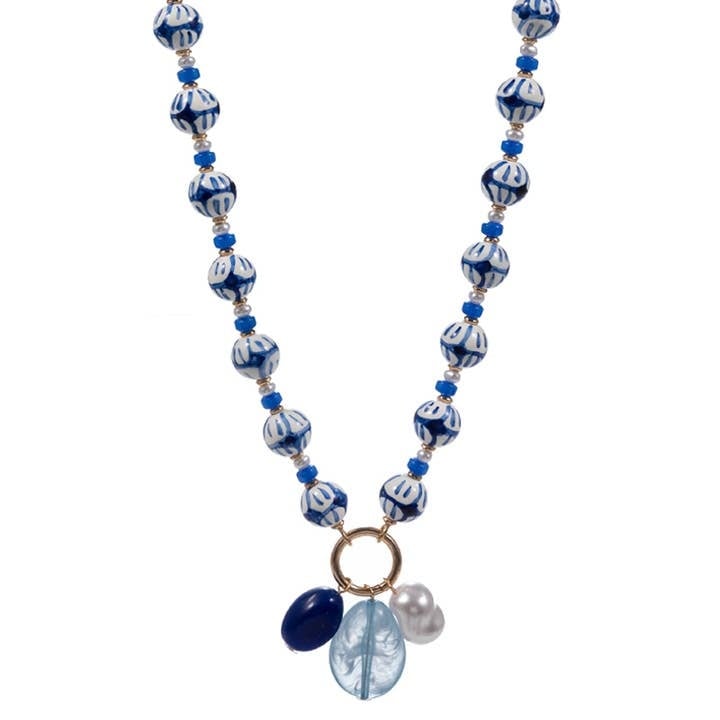 Lou & Co. Blue Resin, Ceramic and Pearl Beaded Necklace With Charms