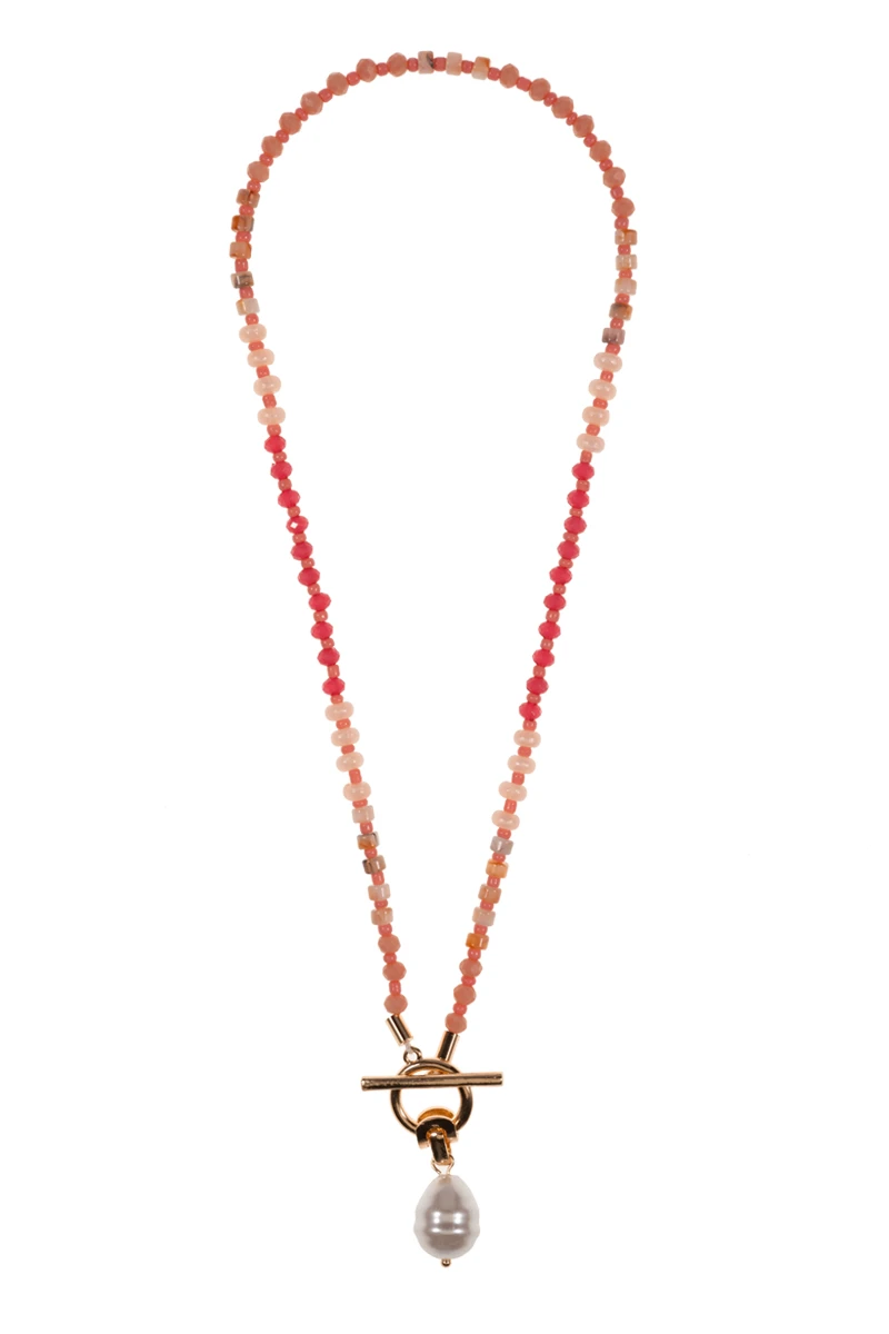 Lou & Co. Pink Multi-Colored Resin Beaded Necklace W/ Organic Pearl Pendant