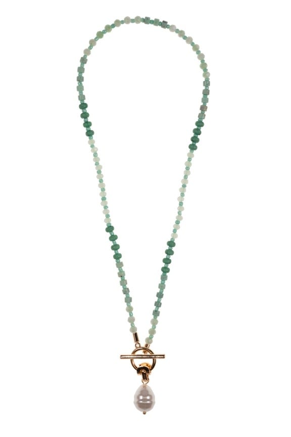 Lou & Co. Green Multi-Colored Resin Beaded Necklace W/ Organic Pearl Pendant
