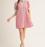 Jodifl Red Short Puff Sleeves Button Down Stripe Shift Dress