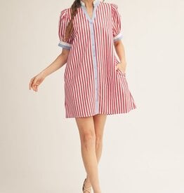 Jodifl Red Short Puff Sleeves Button Down Stripe Shift Dress
