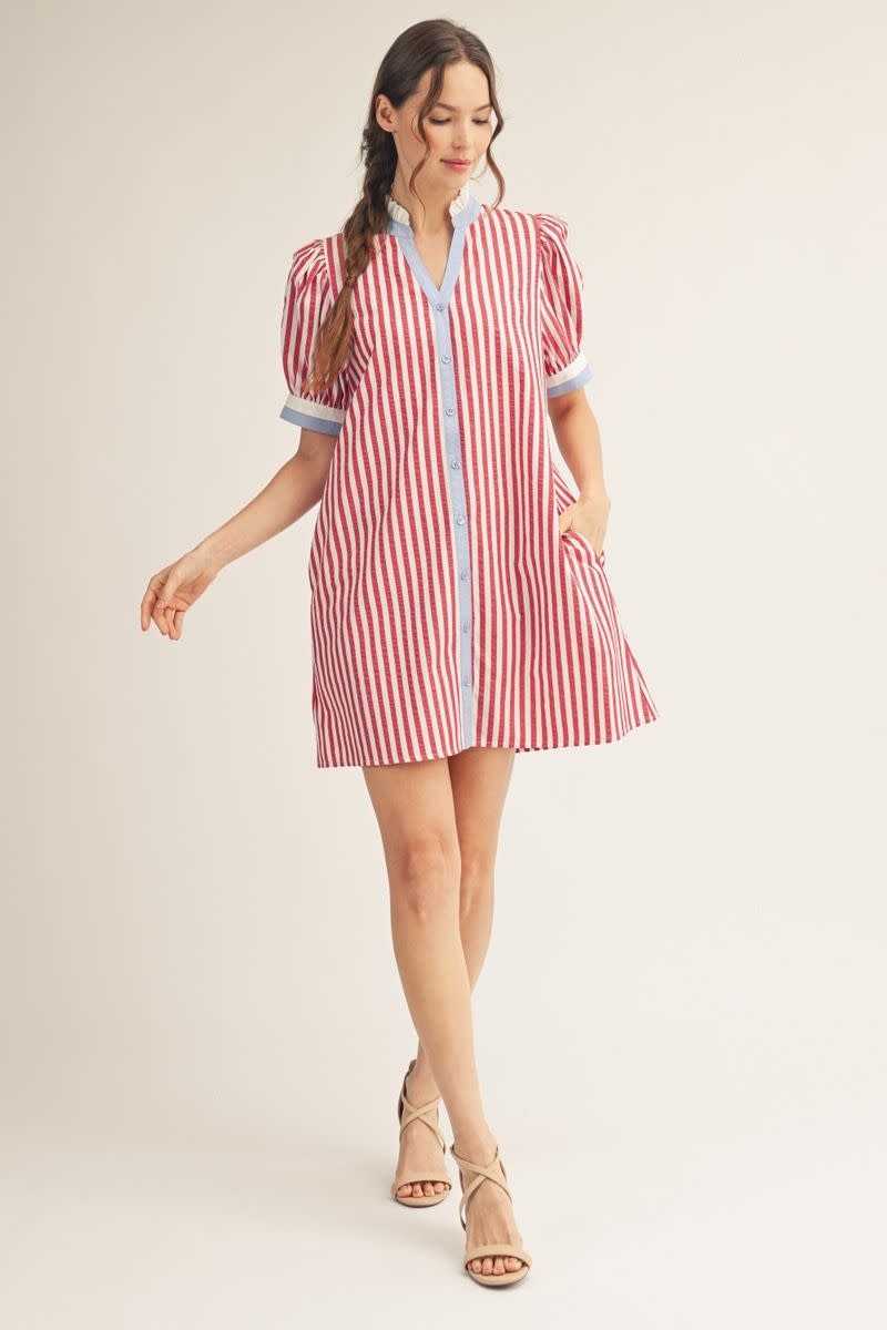 Jodifl Red Short Puff Sleeves Button Down Stripe Shift Dress