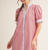 Jodifl Red Short Puff Sleeves Button Down Stripe Shift Dress