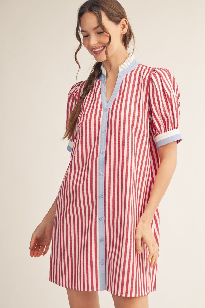 Jodifl Red Short Puff Sleeves Button Down Stripe Shift Dress
