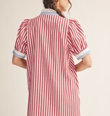 Jodifl Red Short Puff Sleeves Button Down Stripe Shift Dress
