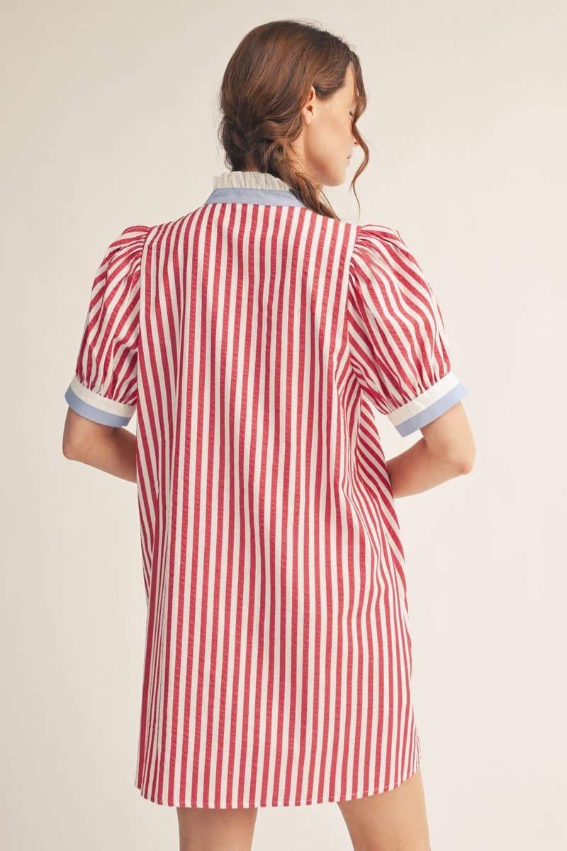 Jodifl Red Short Puff Sleeves Button Down Stripe Shift Dress