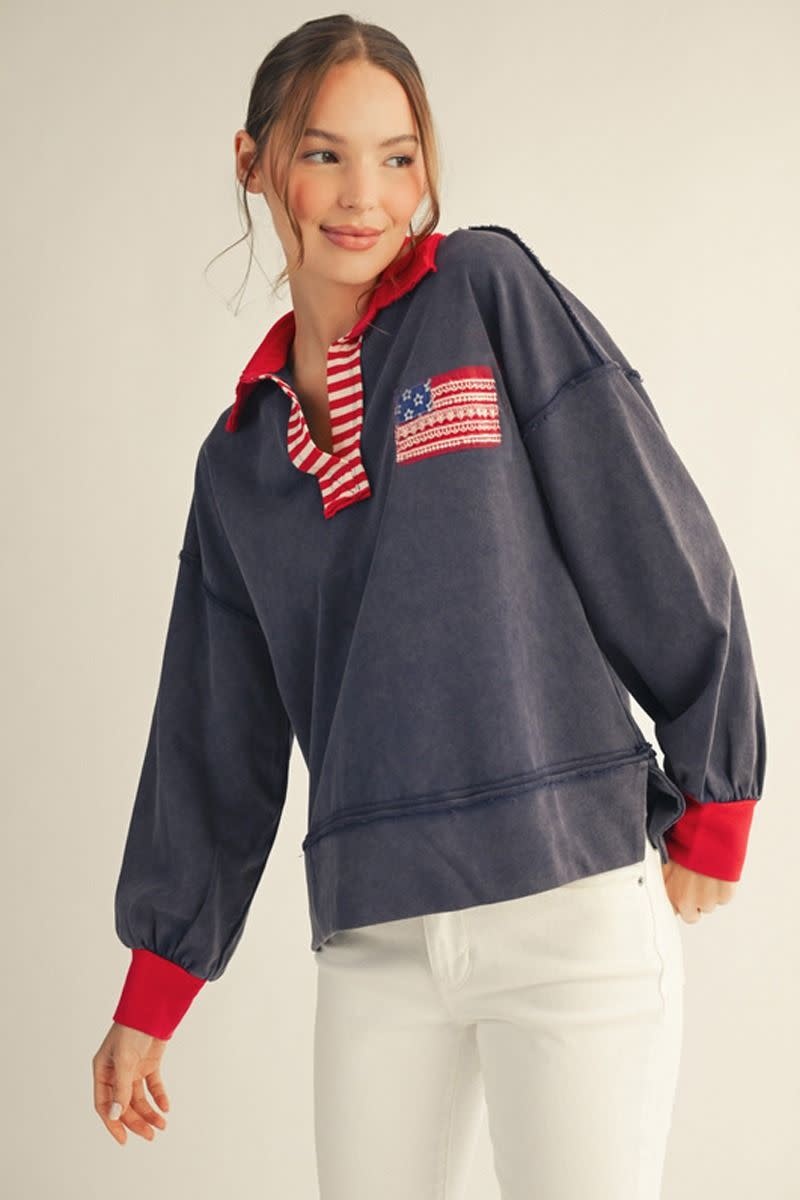 Jodifl Navy Drop Shoulder Polo Sweatshirt