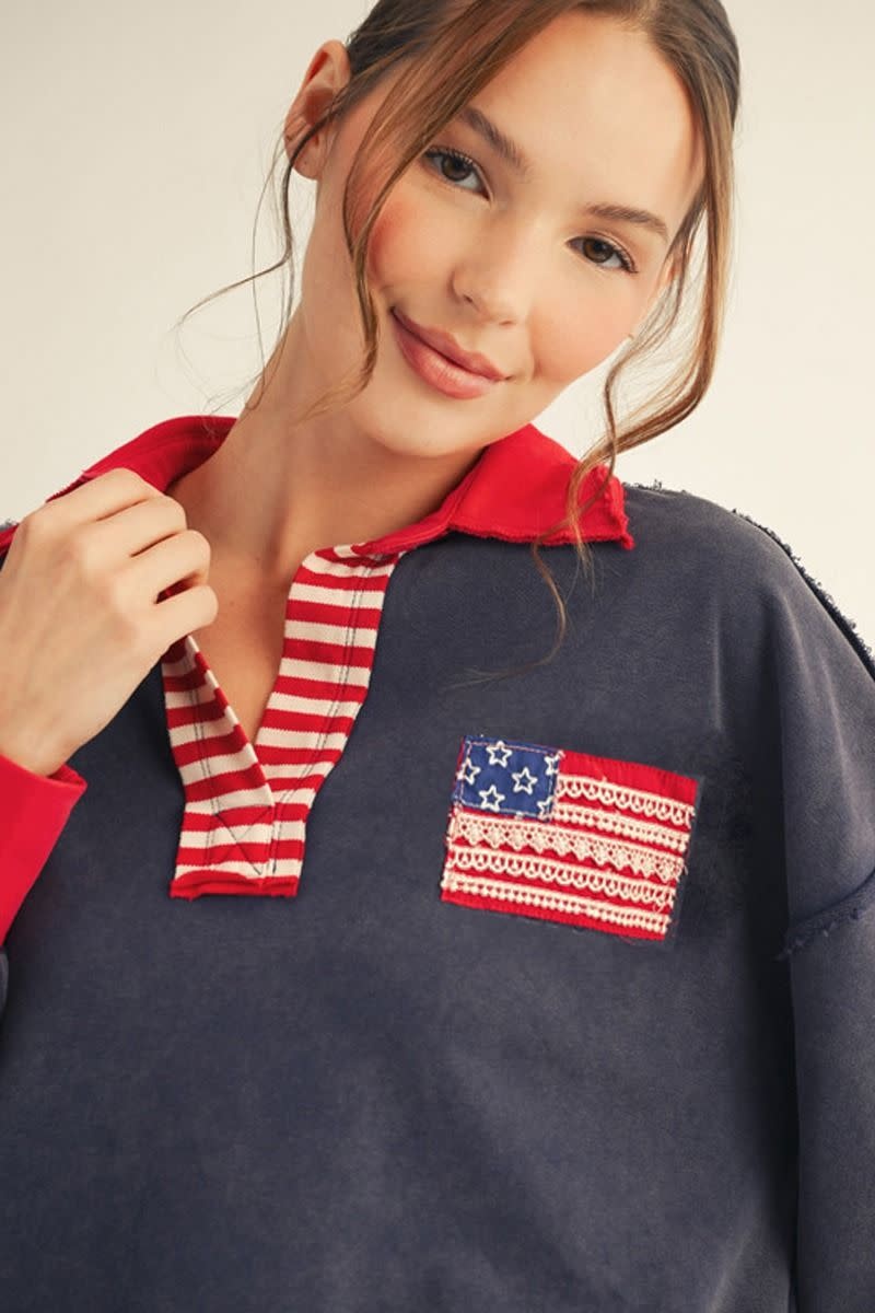 Jodifl Navy Drop Shoulder Polo Sweatshirt