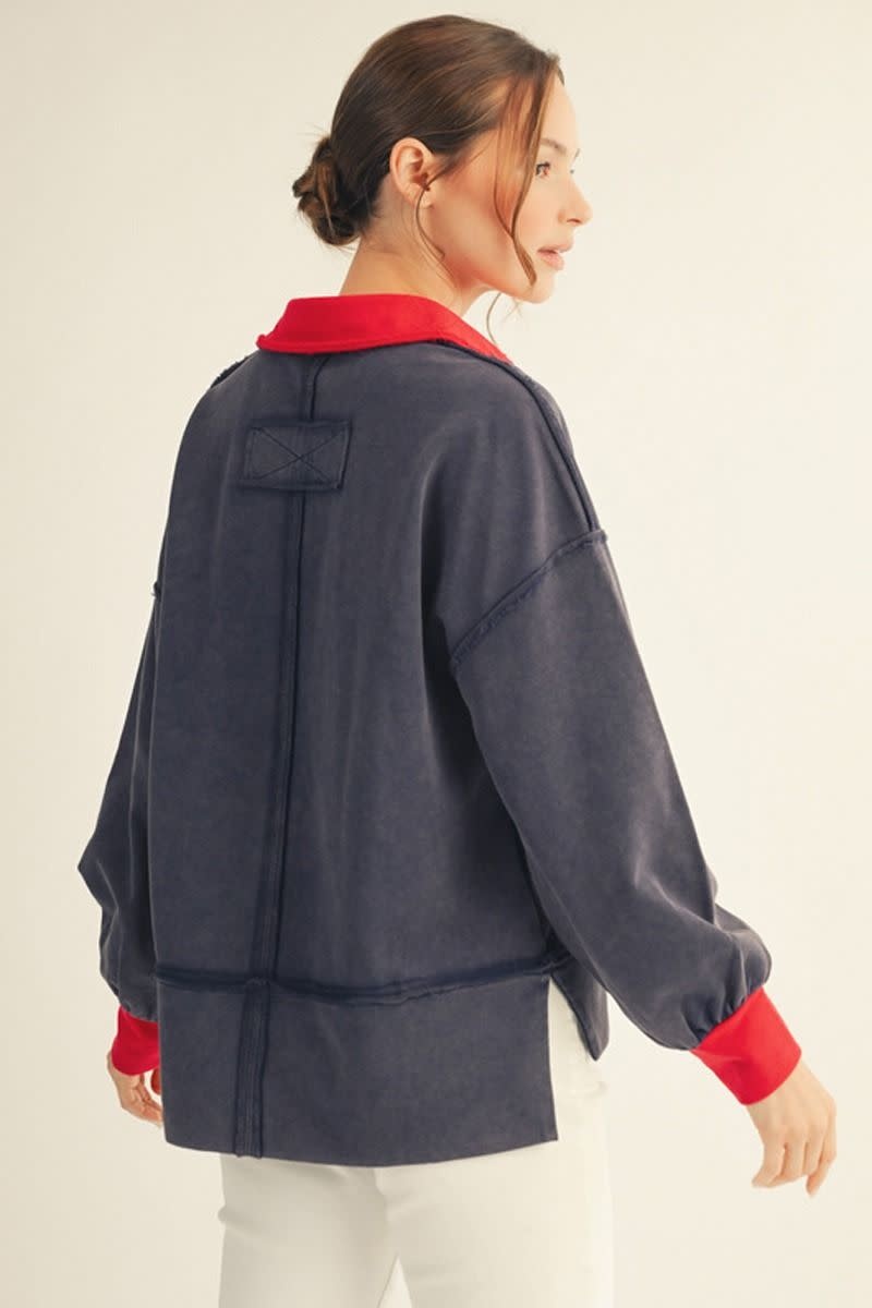 Jodifl Navy Drop Shoulder Polo Sweatshirt