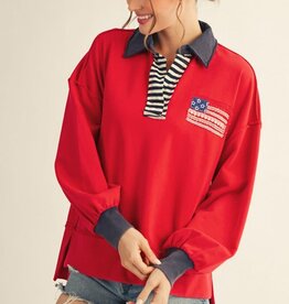 Jodifl Red Drop Shoulder Polo Sweatshirt