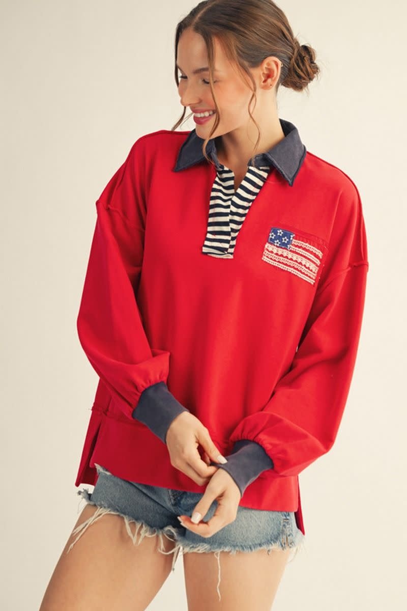 Jodifl Red Drop Shoulder Polo Sweatshirt