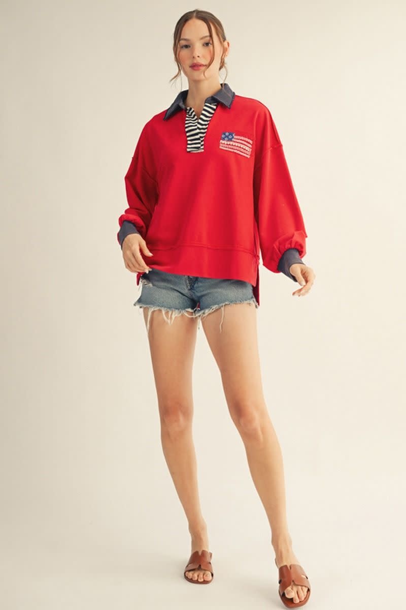 Jodifl Red Drop Shoulder Polo Sweatshirt