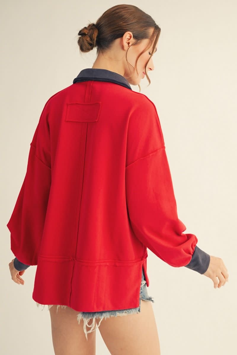 Jodifl Red Drop Shoulder Polo Sweatshirt