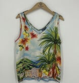 Democracy Aqua Haze Print Multi Sleeveless V-Neck Mixed Media Knit Top