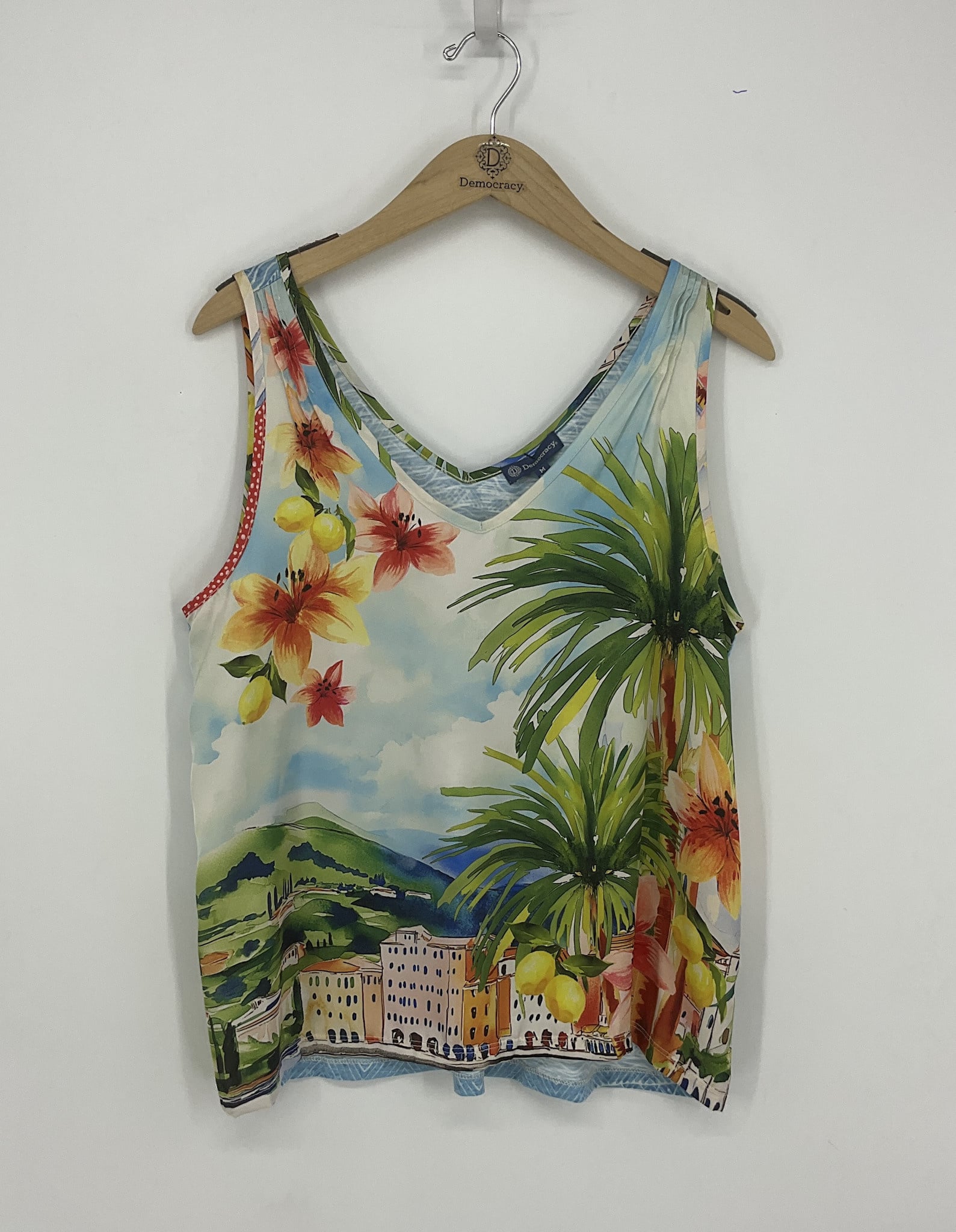 Democracy Aqua Haze Print Multi Sleeveless V-Neck Mixed Media Knit Top
