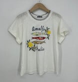 Democracy Off White Multi Embroidered Roll Cuff Scoop Neck Boy Tee