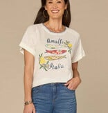 Democracy Off White Multi Embroidered Roll Cuff Scoop Neck Boy Tee