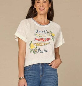 Democracy Off White Multi Embroidered Roll Cuff Scoop Neck Boy Tee
