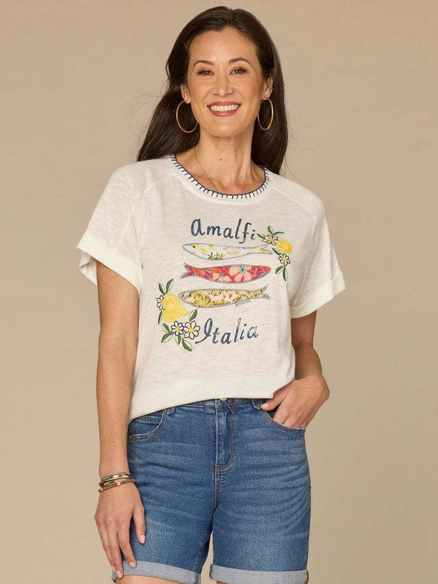 Democracy Off White Multi Embroidered Roll Cuff Scoop Neck Boy Tee
