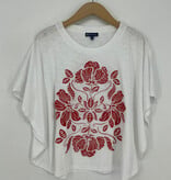 Democracy Off White/Lobster Embroidered Elbow Sleeve Scoop Neck Poncho