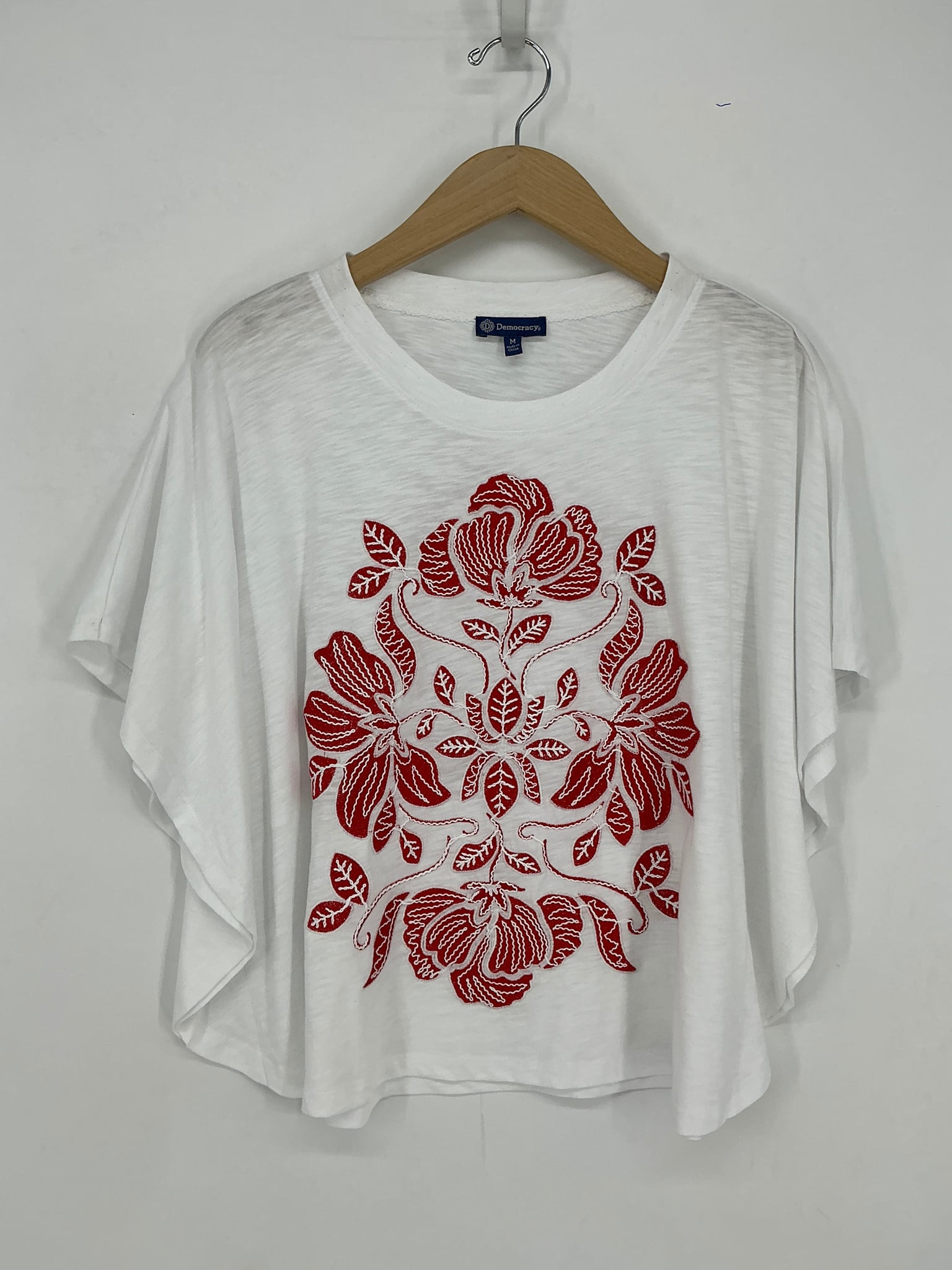 Democracy Off White/Lobster Embroidered Elbow Sleeve Scoop Neck Poncho