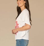 Democracy Off White/Lobster Embroidered Elbow Sleeve Scoop Neck Poncho