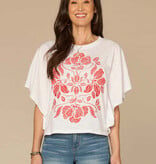 Democracy Off White/Lobster Embroidered Elbow Sleeve Scoop Neck Poncho