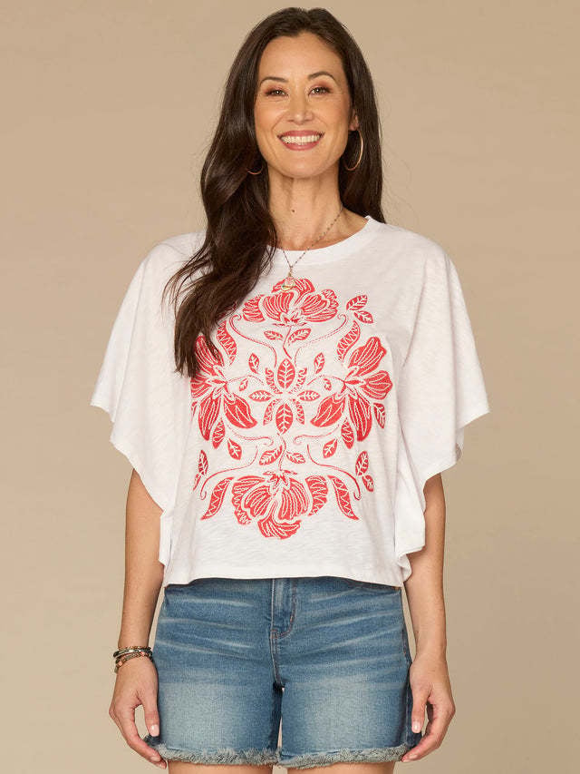 Democracy Off White/Lobster Embroidered Elbow Sleeve Scoop Neck Poncho