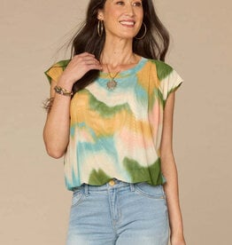 Democracy Aqua Haze Multi Extended Cap Sleeve Scoop Neck Bubble Top