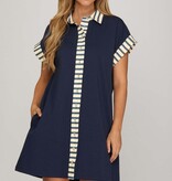 She + Sky Navy Drop Shoulder Contrast Cuff Shirt Dress