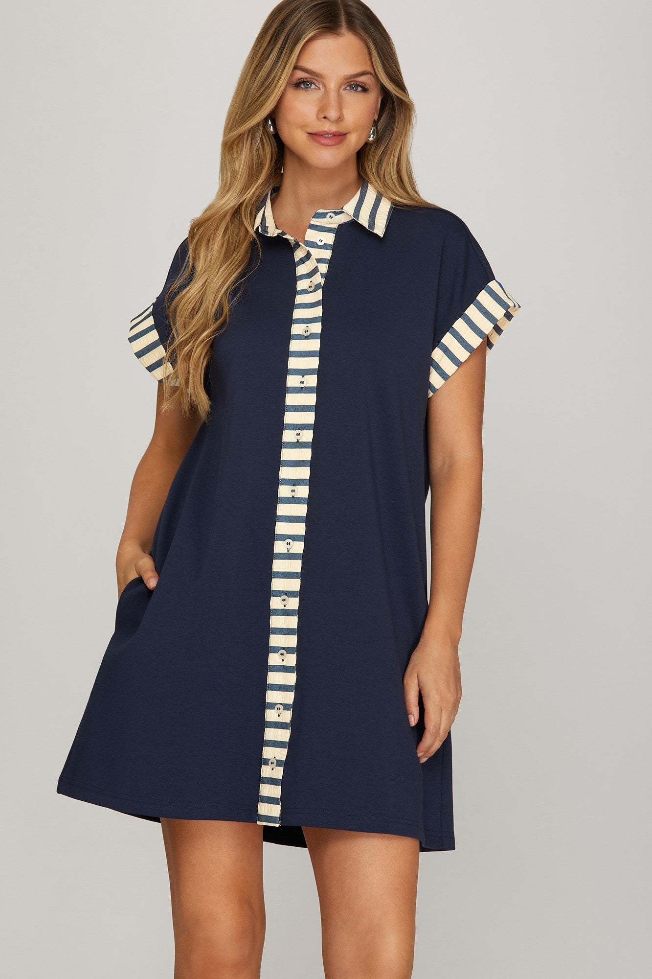 She + Sky Navy Drop Shoulder Contrast Cuff Shirt Dress