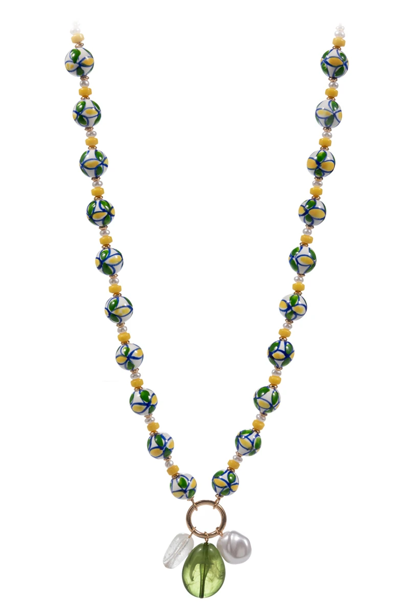 Lou & Co. Green Resin Ceramic & Pearl Beaded Necklace with Charms