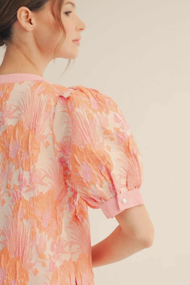 Jodifl Peach Mix Short Puff Sleeves Floral Jacquard Dress
