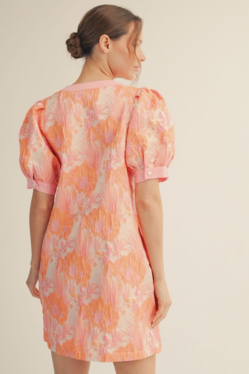 Jodifl Peach Mix Short Puff Sleeves Floral Jacquard Dress